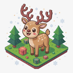 A charming cartoon deer stands amidst snow and pine trees, complete with gifts, embodying the spirit of winter, happiness, and festive joy in a lovely, cheerful setting.