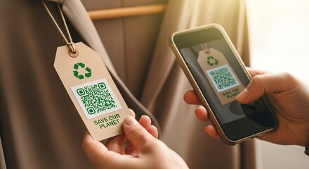 Person scanning qr code on clothing tag with smartphone for sustainable fashion information