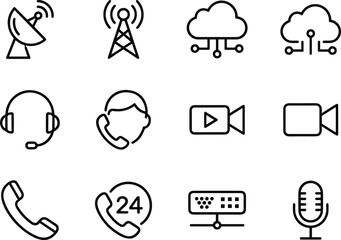 Modern communication, networking, and support service icon set featuring cloud technology, video calls, customer assistance, telephony tools, and digital connectivity elements