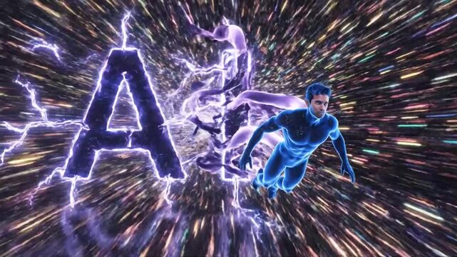 Blue glowing man with tentacles flying through a cosmic tunnel of light streaks artificial intelligence.