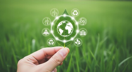 Hand holding a leaf with glowing environmental icons and earth symbol