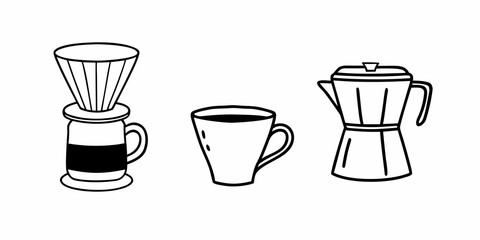 Three coffee preparation methods including pour over a cup and a moka pot in a simple line drawing