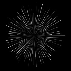 Burst pattern. Comic background with radial white lines spreading from center on black backdrop. Dynamic explosion pattern with motion and energy effect. Abstract minimal vector illustration.