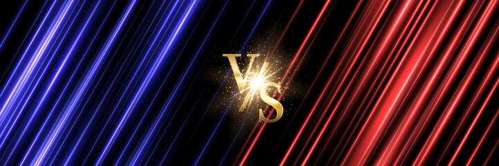 VS game background. Red blue versus pattern with glowing diagonal light beams and bright golden symbol creating dynamic contrast. Bright game digital vector illustration