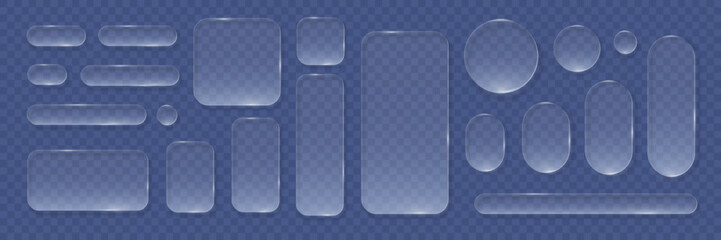Transparent glass buttons. Liquid glass design elements with morphism effect. Modern digital interface icons for web and app design with rounded frame and subtle shadow. Vector illustration.