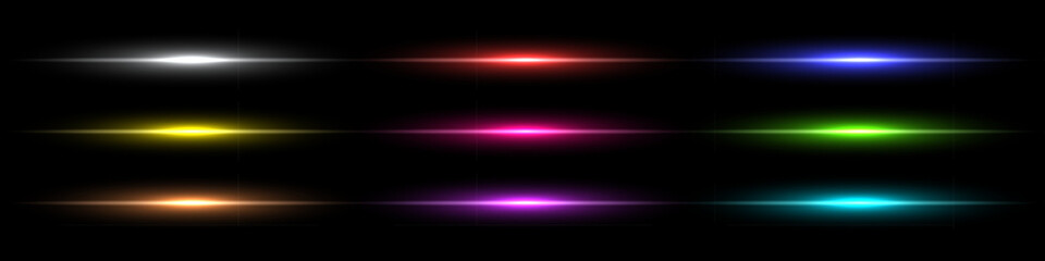 Neon light lines vector set isolated on black. Horizontal glowing vibrant fluorescent led rays. Abstract green, blue, red, golden, silver, orange, purple night electric beams.