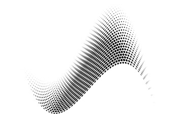 Abstract dotted wave. Halftone curved shape in black color isolated on white background. Curved and twisted gradients form. Trendy graphic vector illustration.