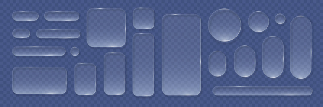 Transparent glass buttons. Liquid glass design elements with morphism effect. Modern digital interface icons for web and app design with rounded frame and subtle shadow. Vector illustration.