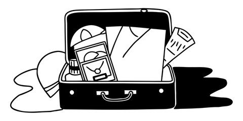 Open suitcase with clothes, a hat, a bottle, a photo frame, and tickets ready for a trip packed inside