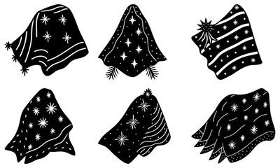 Collection of six black and white patterned shawls with stars and stripes design elements isolated