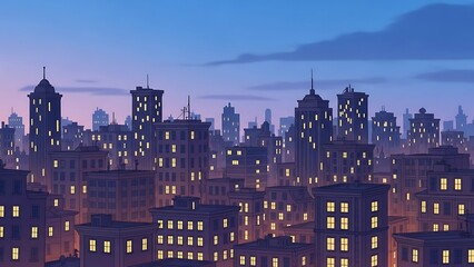 Stylized Urban Cityscape at Twilight with Illuminated Buildings and Purple Sky