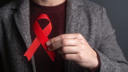 A person holds a red awareness ribbon, symbolizing support for a cause. The ribbon stands out against the gray blazer and burgundy sweater, creating a visual statement of solidarity.