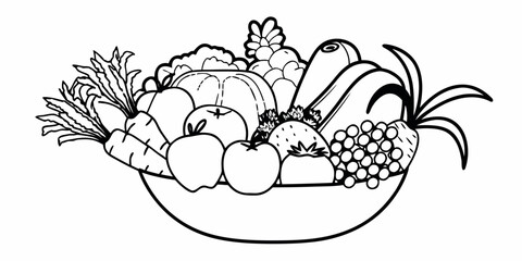 A black and white outline drawing of a bowl filled with various fruits and vegetables assortment display