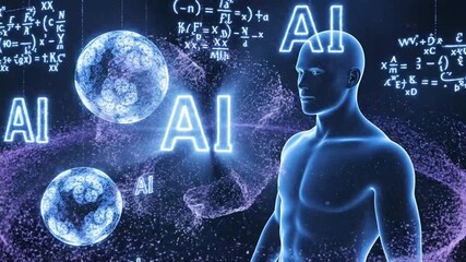 Humanoid figure interacting with glowing AI spheres and mathematical equations in a digital space artificial intelligence. - Powered by Adobe