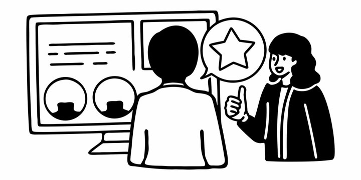 Person receiving positive feedback with star in speech bubble near computer screen illustration is shown