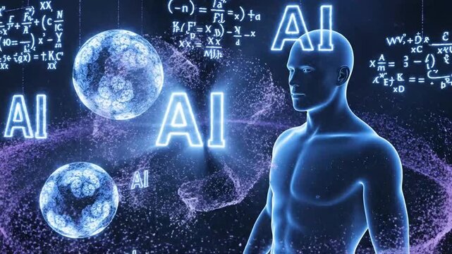 Humanoid figure interacting with glowing AI spheres and mathematical equations in a digital space artificial intelligence.