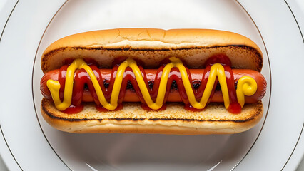 Hot dog with mustard and ketchup in a plate top view 64831883 1