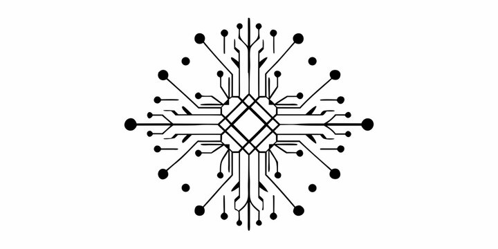 Abstract circuit board design with a central square and radiating lines and dots on white background