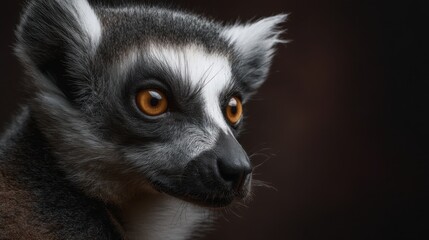 Fototapeta premium A lemur is shown in close up highlighting its captivating orange eyes and distinct facial markings. The dark background enhances its features showing nature's beauty.