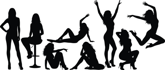 Set of eight black female silhouettes in various fashionable, seductive, and dynamic posing and dancing stances, isolated on a white background, symbolizing beauty, glamour, and confidence.