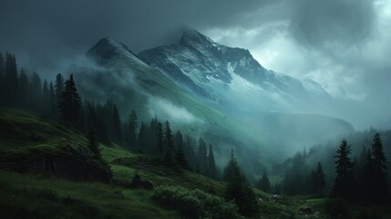 A mountain range covered in trees and fog. The sky is dark and cloudy, and the mountains are covered in snow. The scene is peaceful and serene, with the trees and mountains creating a sense of calm