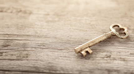 ownership. A house key symbol resting on vintage wood representing property and ownership concepts. real-estate listings.
