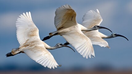 Obraz premium Sacred Ibises Take Flight Over the Nile Delta, Symbolizing Guardianship in Ancient Egyptian Culture During Daylight Hours