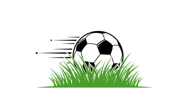 Soccer ball in grass with motion lines, sports illustration.