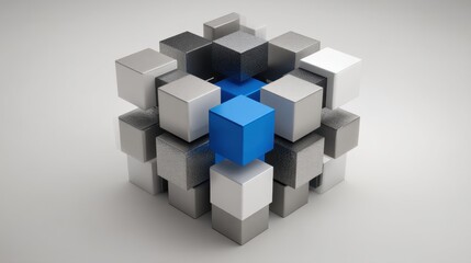 Obraz premium A cube with a blue square in the middle of it. The cube is made of gray and white blocks