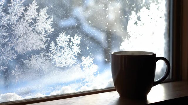 Hot drink next to window with ice crystals, winter day indoors