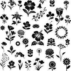 Black flower silhouette collectionfloral design elements isolated on transparent background