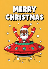 Merry Christmas greeting card with cartoon Black Santa Claus waving from a red flying saucer UFO