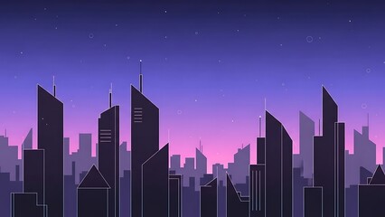 Vibrant twilight city skyline silhouette with modern buildings and stars. Urban landscape vector illustration background.