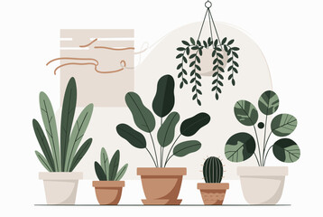 A collection of various potted houseplants in a minimalist flat illustration style, featuring different types of green foliage and a hanging plant.