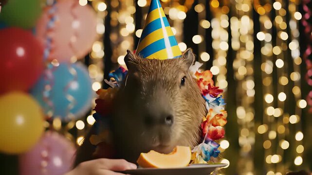 Capybaras and friends don festive party hats and enjoy a joyful celebration, capturing the essence of playful gatherings and community spirit, perfect for conceptualizing themes of mirth.