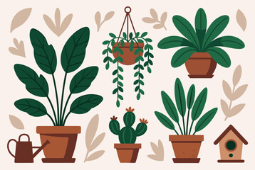 A collection of various potted houseplants and garden elements in a flat illustration style with a warm color palette.