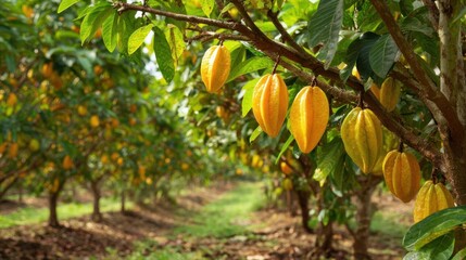 Ripe yellow cocoa pods growing on trees in a lush tropical plantation.