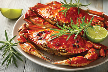 Cooked Crabs on White Plate with Rosemary and Lime Garnish