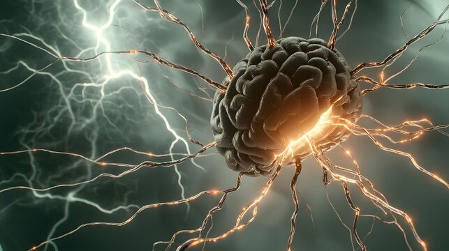 The image portrays a human brain with glowing neural connections against a lightning-filled sky, symbolizing knowledge, energy, or the complexity of the mind.