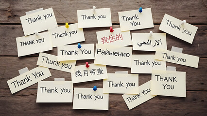 Notes with the word Thank you in various languages of the world on a wooden background 80437055 1