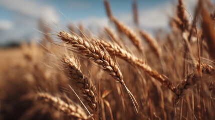 Fototapeta premium A field of golden wheat with a blue sky in the background. The wheat is tall and dry, with a few brown spots