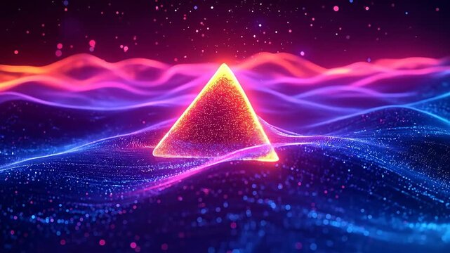 Glowing Pyramid Floating Above Wavy Particle Surface in a Colorful Abstract Scene