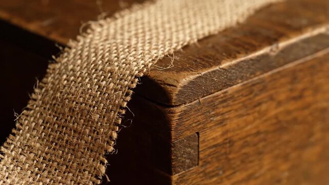Rustic wood box with burlap ribbon detail close-up view