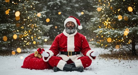 Santa Claus meditating peacefully in snowy forest