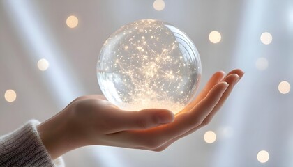 hand of the girl,Transparent glass ball with a glow inside on the girl's palm, symbolism theme, laconic wallpaper, light background with bokeh effect