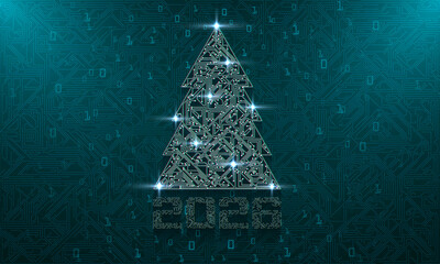 Naklejka na ściany i meble Abstract neon christmas tree of circuit board, glowing technology concept. AI Artificial Intelligence chipset on circuit board in futuristic concept suitable for future technology artwork