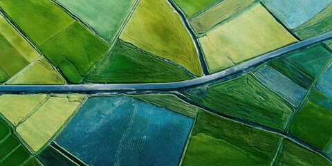 Aerial top down view of a vibrant green agricultural landscape.
