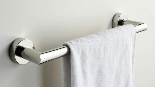 Video Close-up shot of a towel hanging on a towel rack, ready for use