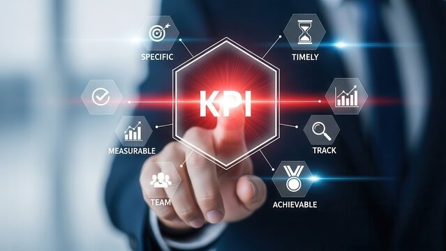 Business person engaging with futuristic kpi dashboard display - Powered by Adobe