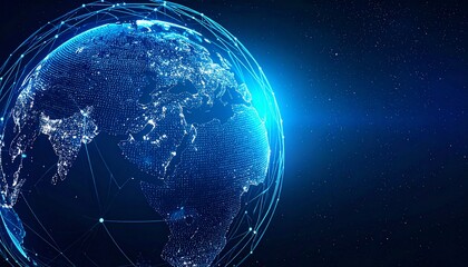 Abstract global business background, rotating digital globe lines, mesh connections, silver-blue neon edges, futuristic 2026 concept.